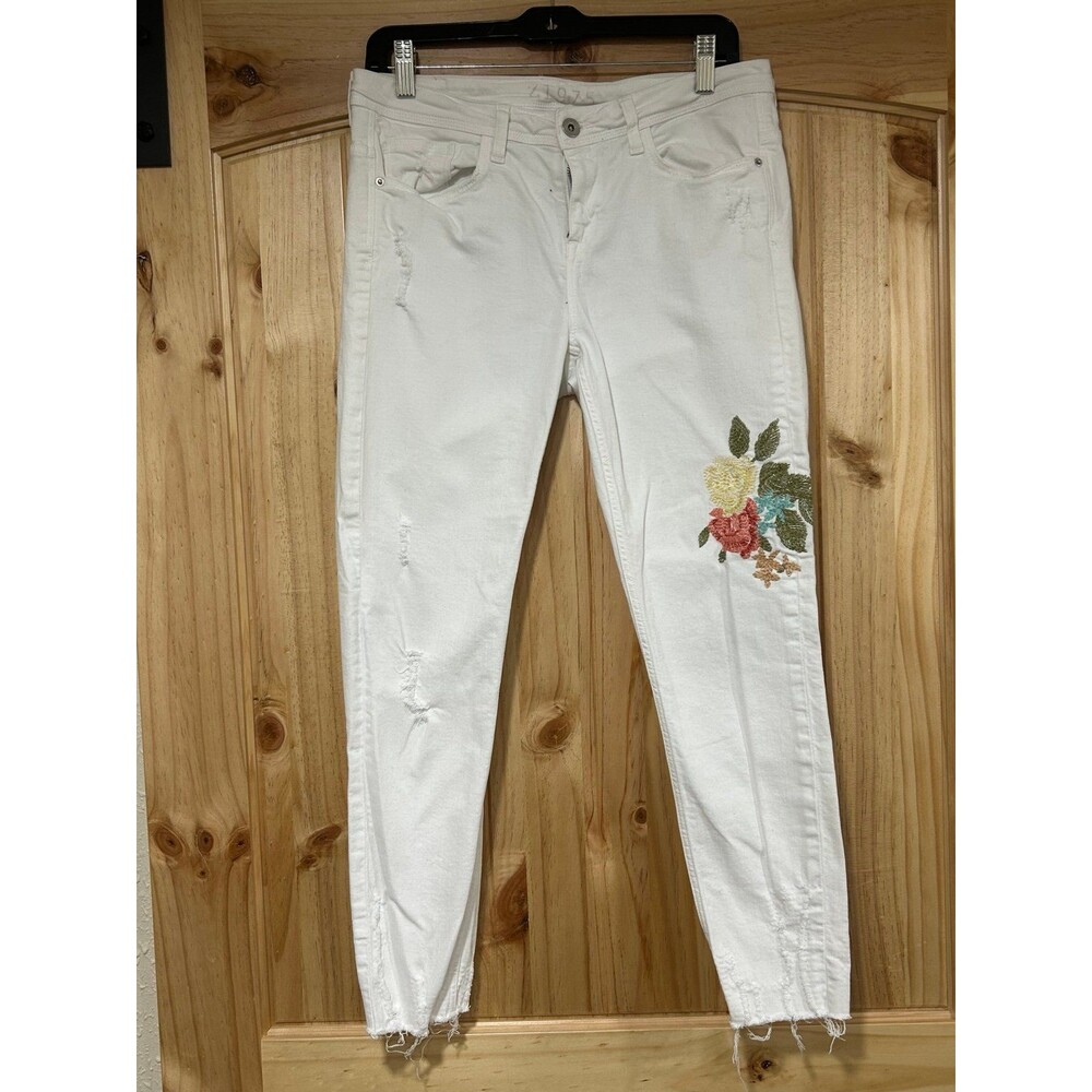 Zara Basic Z1975 Denim Jeans Womens White Size 8 Embroidered Flowers Frayed Hem